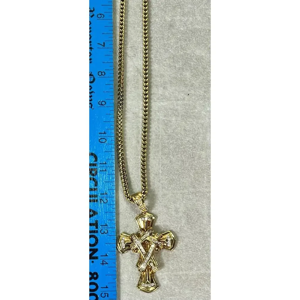 Lg Gold Tone Cross Pendant Lot w 30” Stainless Chain 2 Interchangeable Pendants